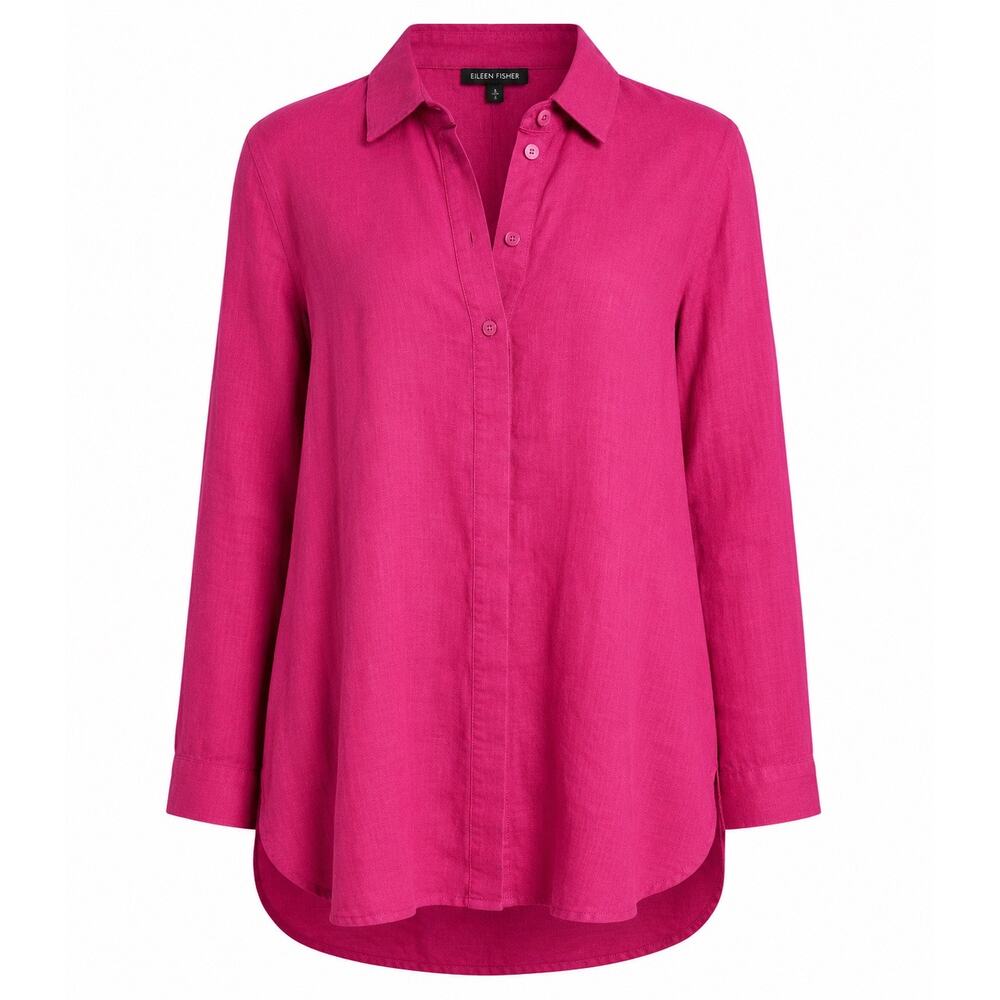 Eileen Fisher Fuchsia Pink Linen Tunic Blouse Small Long Sleeve Button Front